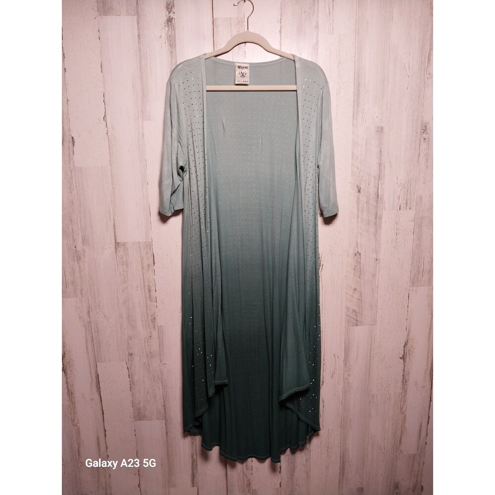 VOCAL Women's Size S Green Ombre Long Hi-Lo Short Sleeve Cardigan w/Rhinestones